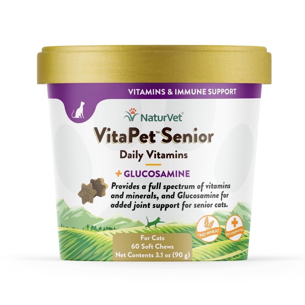 NaturVet VitaPet Senior Daily Vitamin for Cats Plus Glucosamin, specielt Formuleret til at give essentielle mineraler, 90 g, 60 Greve