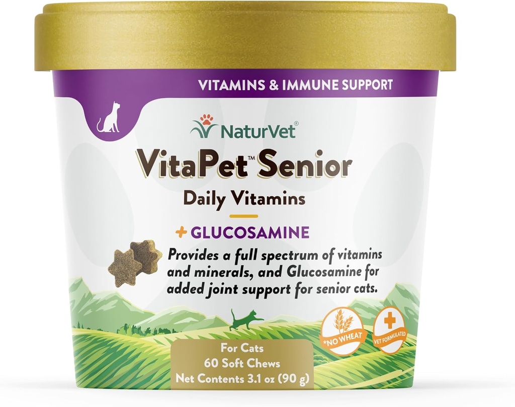 NaturVet VitaPet Senior Daily Vitamin for Cats Plus Glucosamin, specielt Formuleret til at give essentielle mineraler, 90 g, 60 Greve