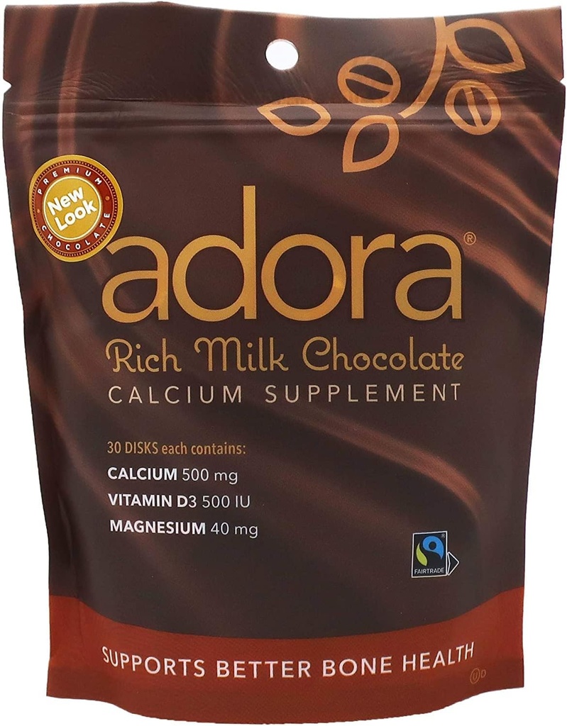 Adora 500 Milligram Calcium Supplement Disk, Økologisk Mælk Chokolade, 30 Greve (12 Pack)