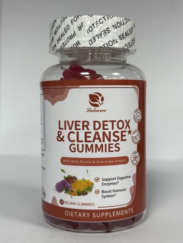 Lukaree Lever rense Detox & Reparation Gummies - Mælk Thistle Silymarin, Mælkebøtte, Artiskok Extract & Elderberry - Ingen sukker, Raspberry Flavor - 90 Greve