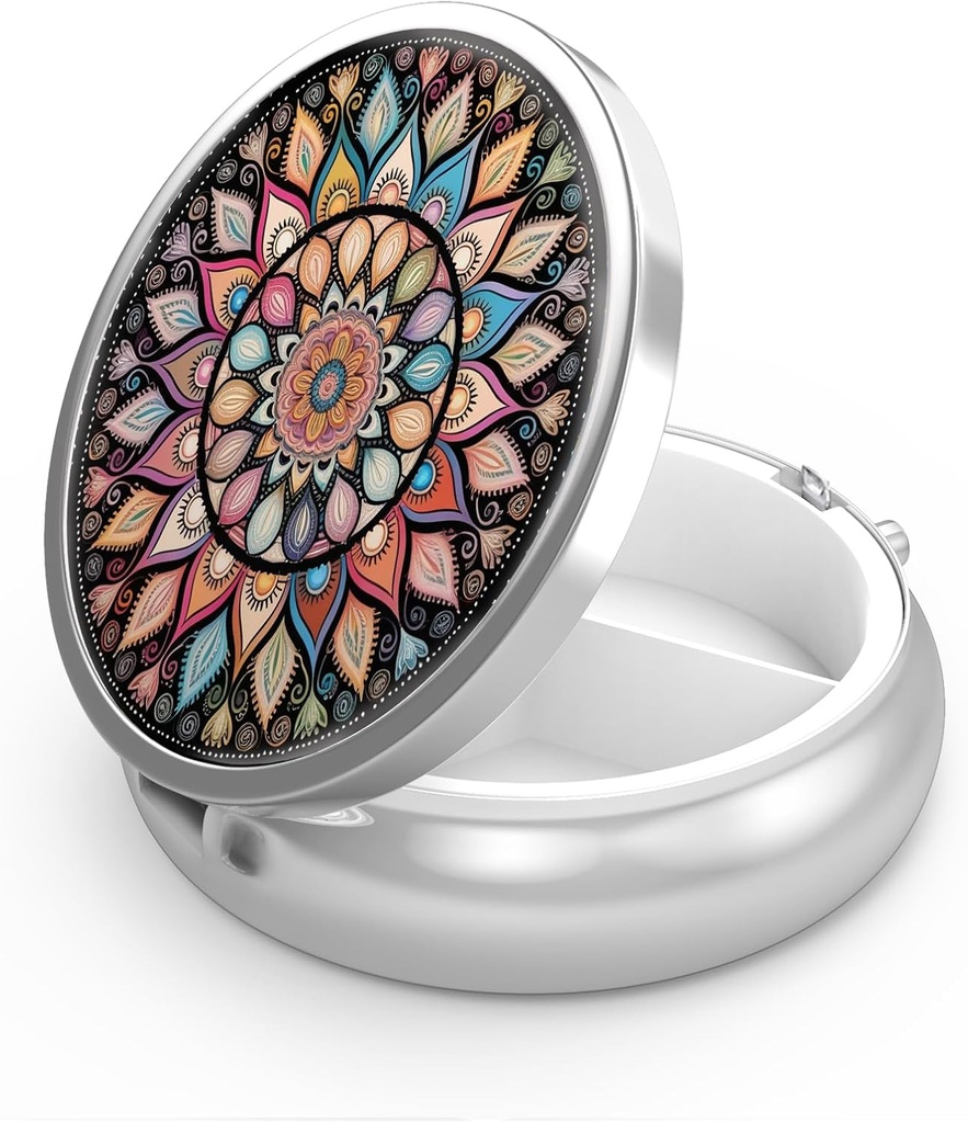 Pill Box 3 Segment Lille Pill Case, Portable for Pocket eller Purse Pill Organizer Pill Container Holder til at holde vitaminer, medicin, fiskeolie og kosttilskud (Farverige Mandala)