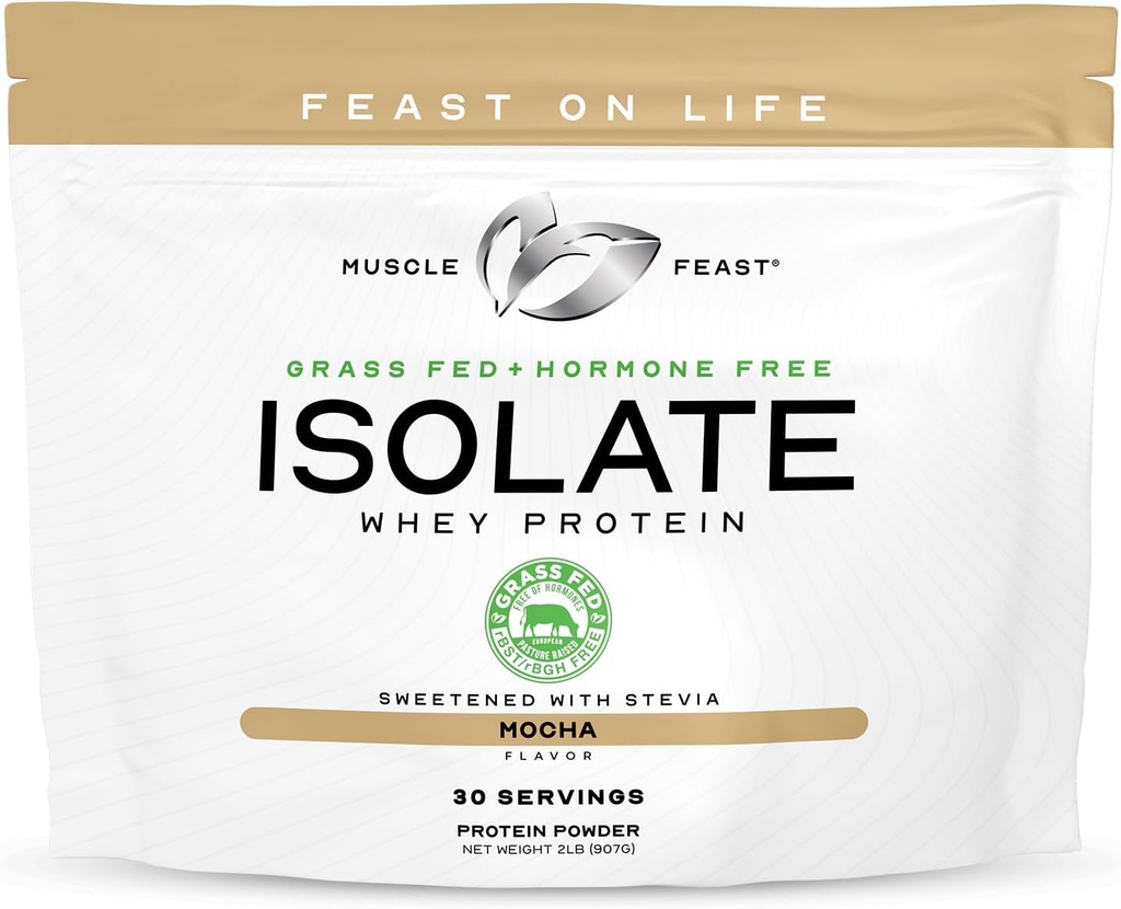 Muskel Feast Grass- Fed Whey Protein Isolate, Alle naturlige Hormone Free Pasture Raised, Whey Isolate Protein Powder for mænd og kvinder, Clean, Gluten- Free, Lækker Isolate Protein - Mocha, 2lb
