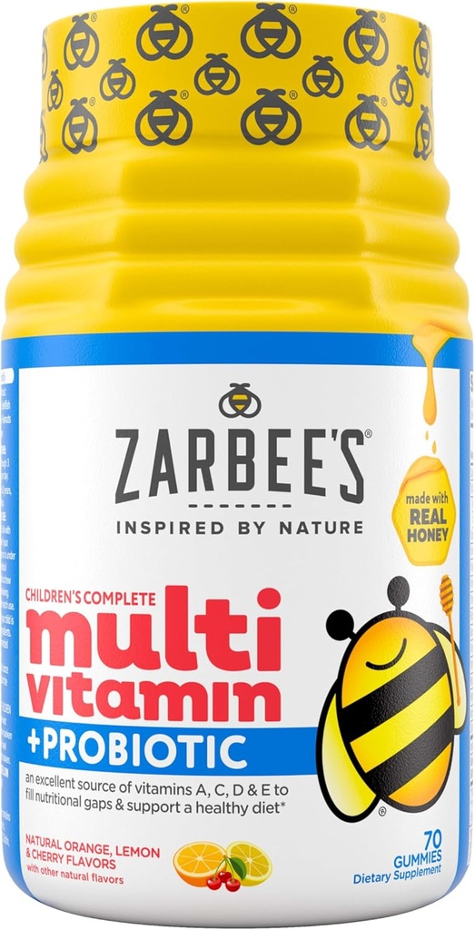 Zarbee 's Kid' s Complete Multivitamin + Probiotiske Gummies med Vitaminer A B C D E & zink til fordøjelsessundhed Let at tygge børn Daglige Multivitamin Gummies naturlige frugt 70 Tæl