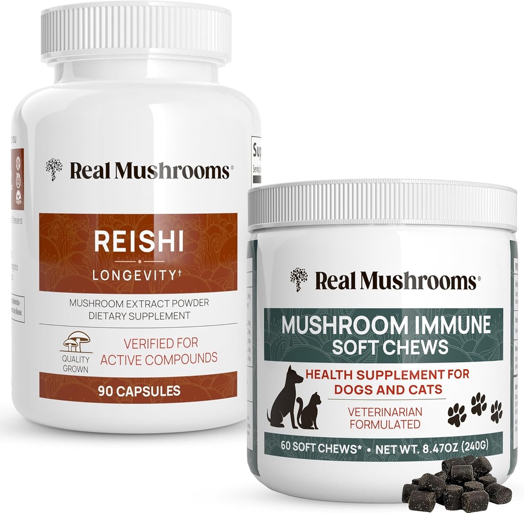Rigtige svampe Reishi kapsler til mennesker (90ct) & Mushroom Immunpet Chews (60ct) - Bundle for Longevity, Afslapning & Immunitet - Ashwagandha, Astragalus & Mere - Vegan, Non- GMO, Gluten- Free