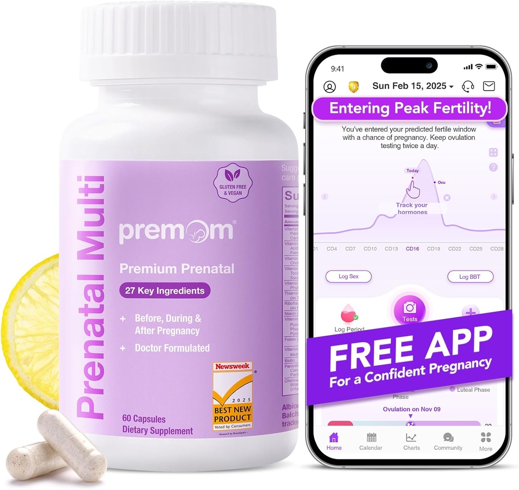Premom Prenatal Vitaminer for kvinder - Konception for hendes Multivitamin: 27 Næringsstoffer, Inkluderer 680mcg Methyl Folate + Cholin + Jern, Sporbar Ingredient, Fertilitet Kosttilskud til kvinder -30 dages forsyning