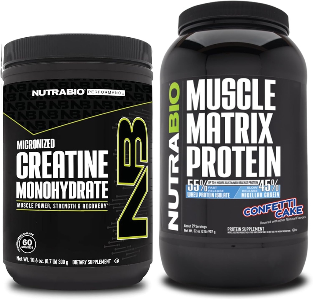 NutraBio Creatinine monohydrat, Unflavored, (300 g) og Muscle Matrix Protein Powder, (Confetti Cake) Supplement Bundle - Muskelenergi, maksimal vækst, opsving og styrke