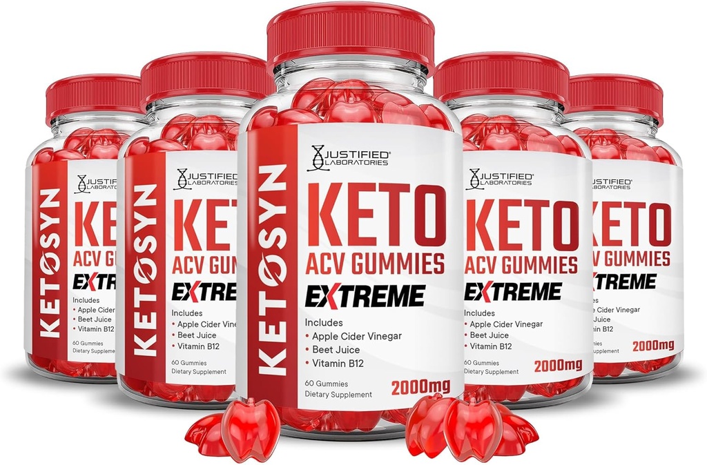 Justified Laboratories (5 Pack Ketosyn Keto ACV Gummies Extreme 2000MG Ketosyn Ketosyn Keto Gummies Apple Cider Vinagar Formuleret med Pomegranate Beet Juice Powder B12 Vegan Non GMO 300 Gummys