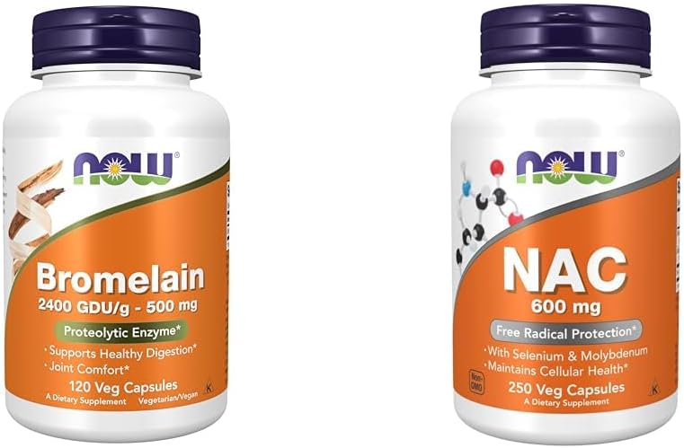 NU Kosttilskud, bromelain 2,400 GDU / g - 500 mg, naturlig proteolytisk enzymer *, 120 Veg kapsler & Kosttilskud, NAC 600 mg med Selenium & Molybdæn, 250 Veg kapsler