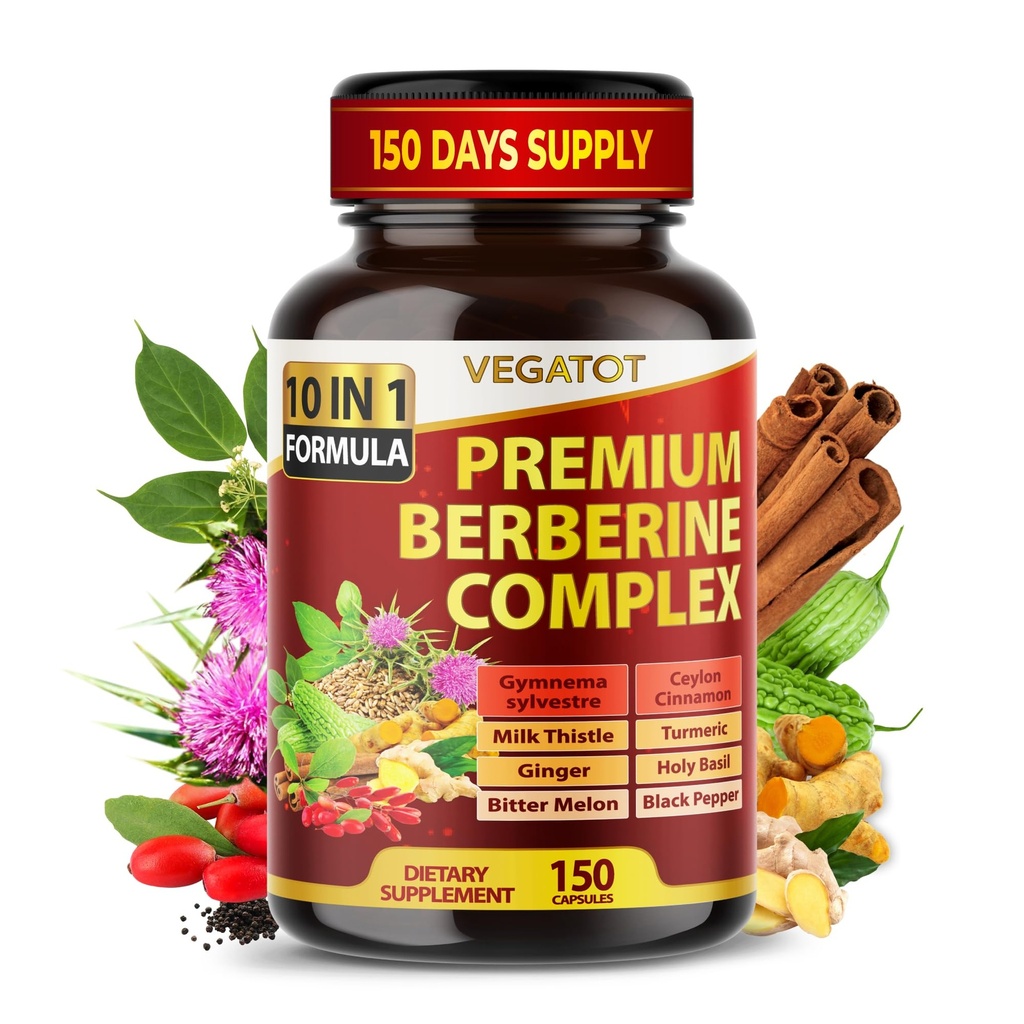 VEGATOT GlucoSavior Berberine tillæg med Ceylon kanel, Bitter Melon, Gymnema - understøtter immunforsvar, hjerte sundhed & mave-tarmfunktion - Made in USA (150 greve (pakke med 1))