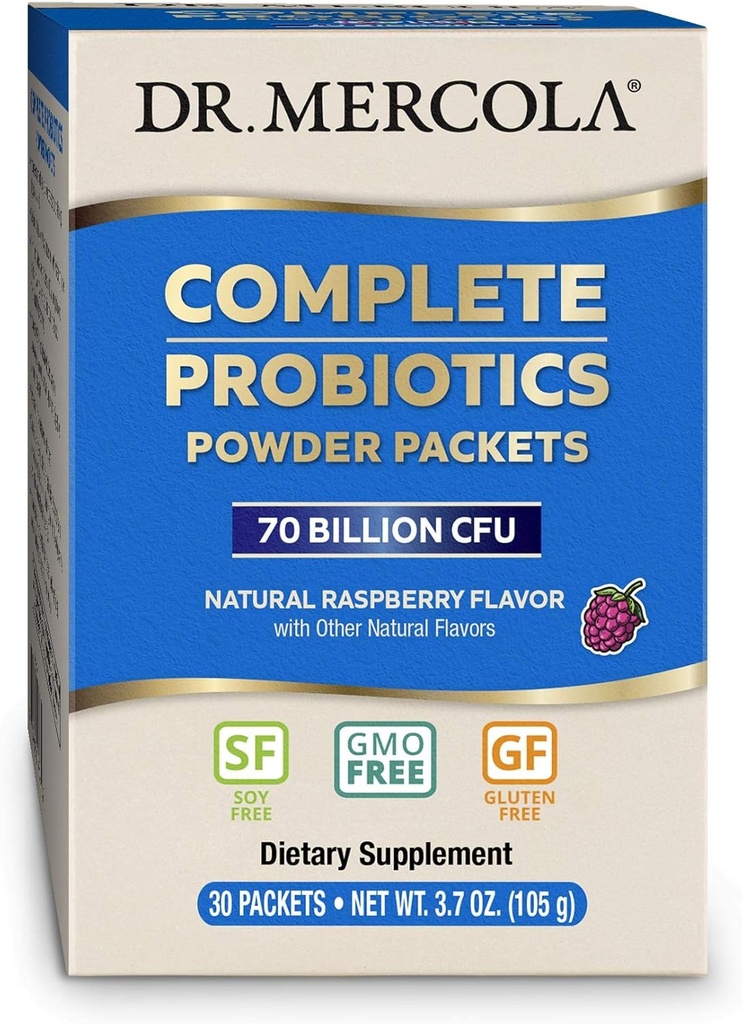 Dr. Mercola Complete Probiotika Powder Packets, 30 Servering (30 Packets), 70 Millioner CFU, Natural Raspberry Flavor, Kosttilskud, fordøjelse og immunforsvar, non-GMO