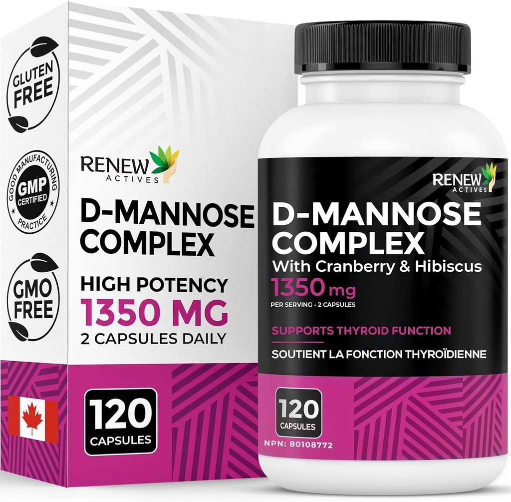 Renew Actives High Potency D- Mannose & Cranberry Complex 1000MG per 2 kapsler - med Hibiscus & Mælkebøtte ekstrakter - Antioxidant Blend - Ingen kunstige flavors - Lavet i Canada - 120 kapsler