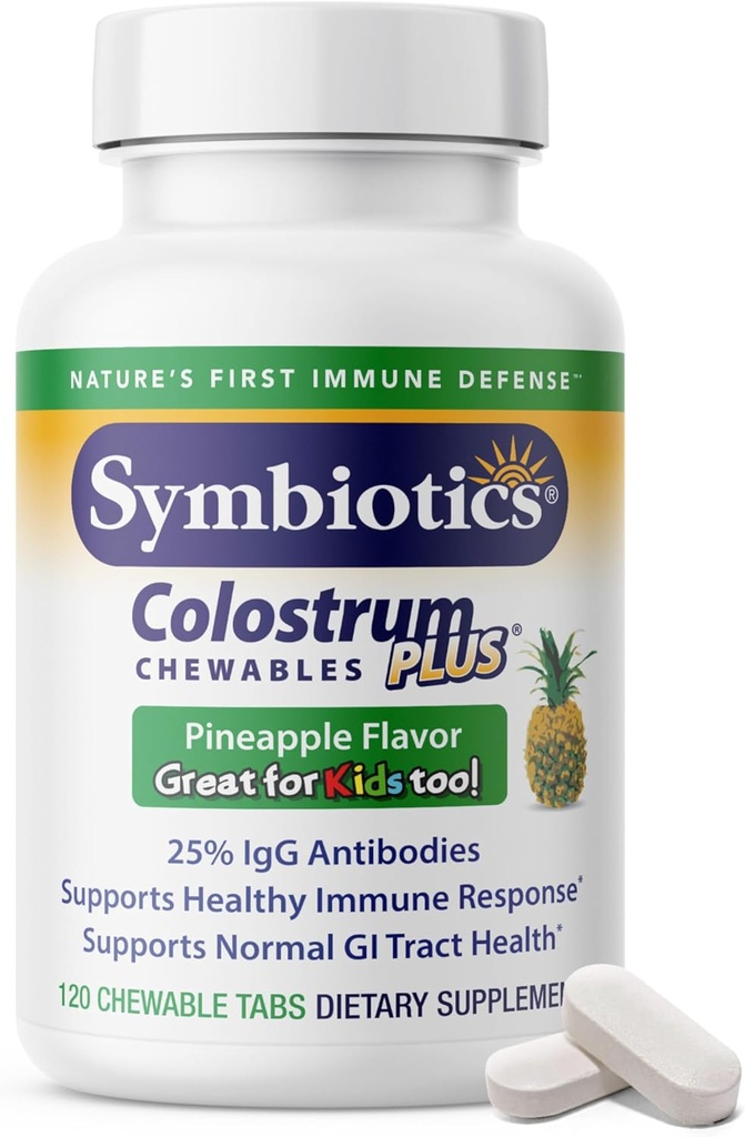 Symbiotika Colostrum 120ct Chewables Plus - Immunity Support for Adult & Kids - Lactoferrin Supplement & Colostrum Protein - Understøtter fordøjelse & Gut - 25% lgG Antistoffer, Gluten Free - Ananas