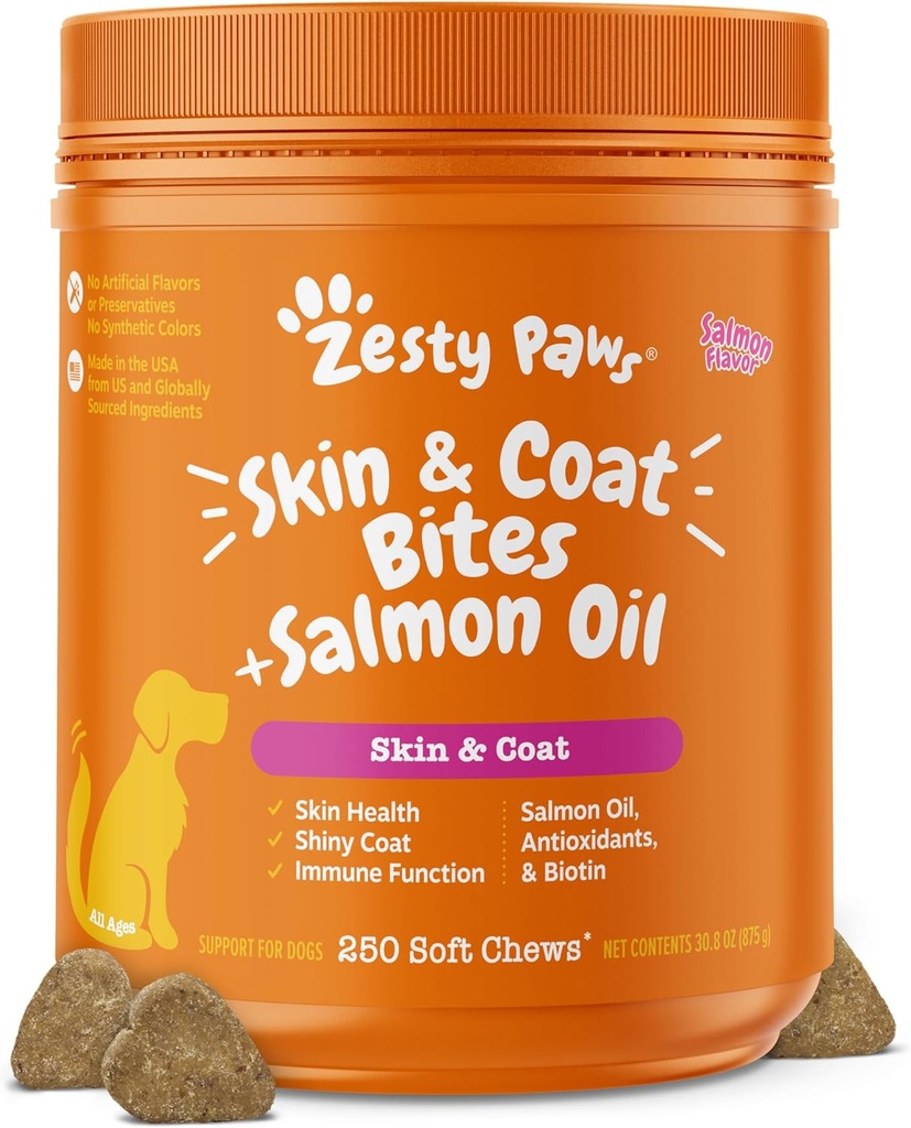 Zesess Paws Salmon Oil for Dogs Hud og Coat, Omega 3 Fish Oil Chews, Hund Allergy Relief Chews, Itch Relief Supplement, 250 Greve, Salmon Flavor
