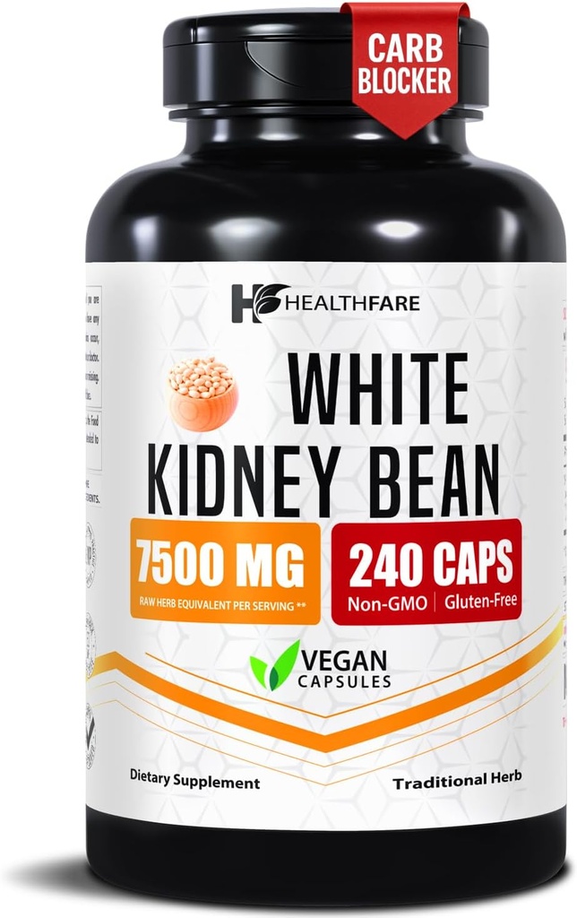 Healthfare White Kidney Bean Extract 7500mg | 240 Vegan Capsules | Extra Strength Concentrated Formula | Herbal Supplement for Carb & Digestion Support | Non-GMO, Gluten-Free | Made in USA