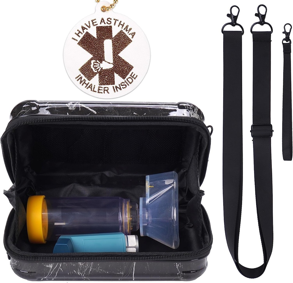 MGZNMTY Rejsebæretaske til Asthma Inhaler, Inhaler plads til børn og voksne, Masker, Holder taske med Shoulder Crossbody Rope og Mesh Pocket til medicin (kun tilfældet) (Black Marble)
