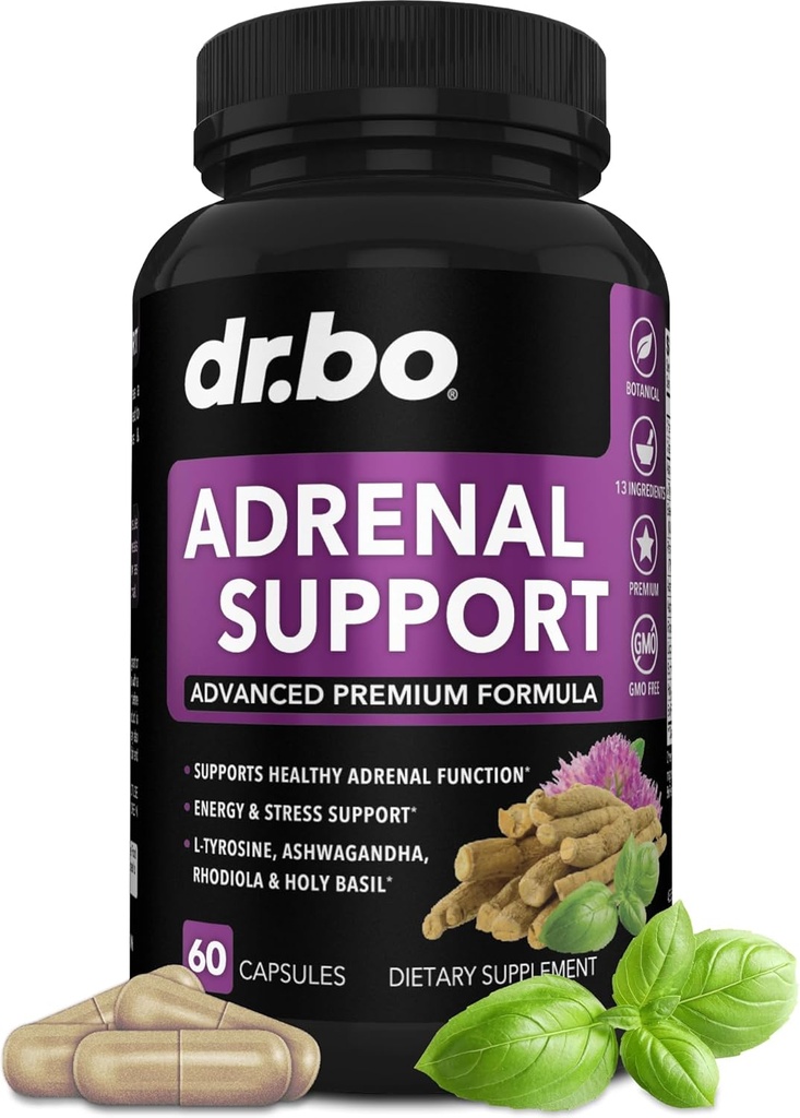 Adrenal Support Cortisol Manager Supplement - Adrenal Træthed Kosttilskud til kvinder & mænd med Natural Adaptogen Ashwagandha Holy Basil Rhodiola L Tyrosine Complex Træthed Cortisol Sundhed - 60 Pills