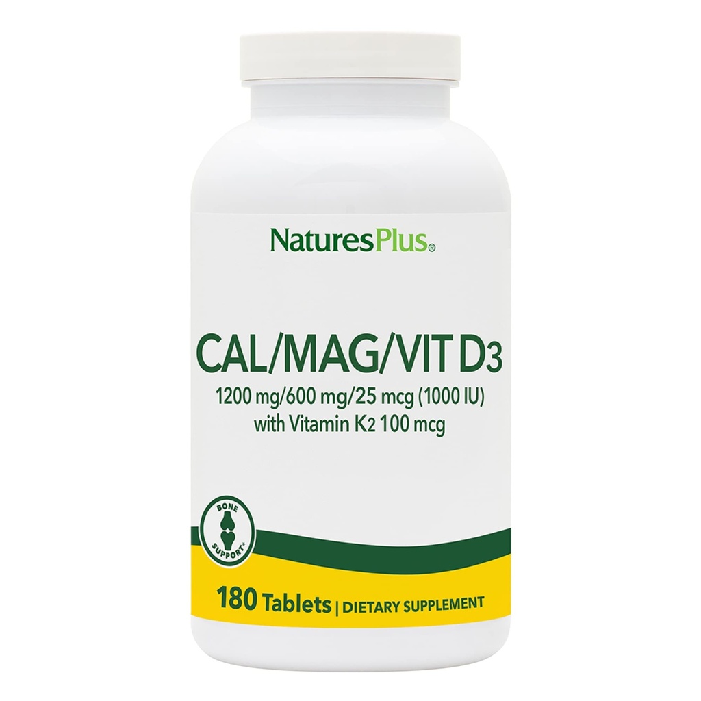 NaturesPlus Calcium / Magnesium / D3- vitamin med vitamin K2 - Understøtter ben og immunforsvar - Vegetarisk, Gluten Free - 180 tabletter - 45 servering