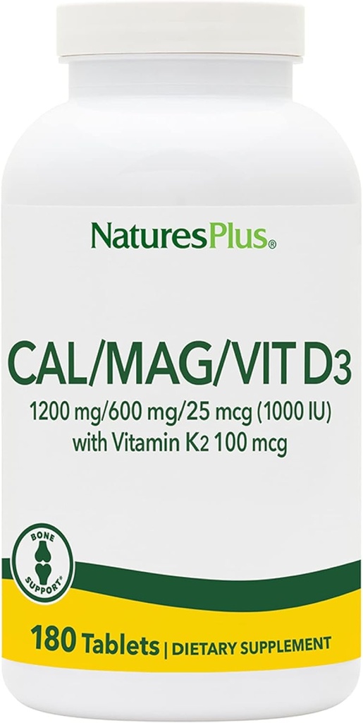 NaturesPlus Calcium/Magnesium/Vitamin D3 with Vitamin K2 - Supports Bone & Immune Health - Vegetarian, Gluten Free - 180 Tablets - 45 Servings
