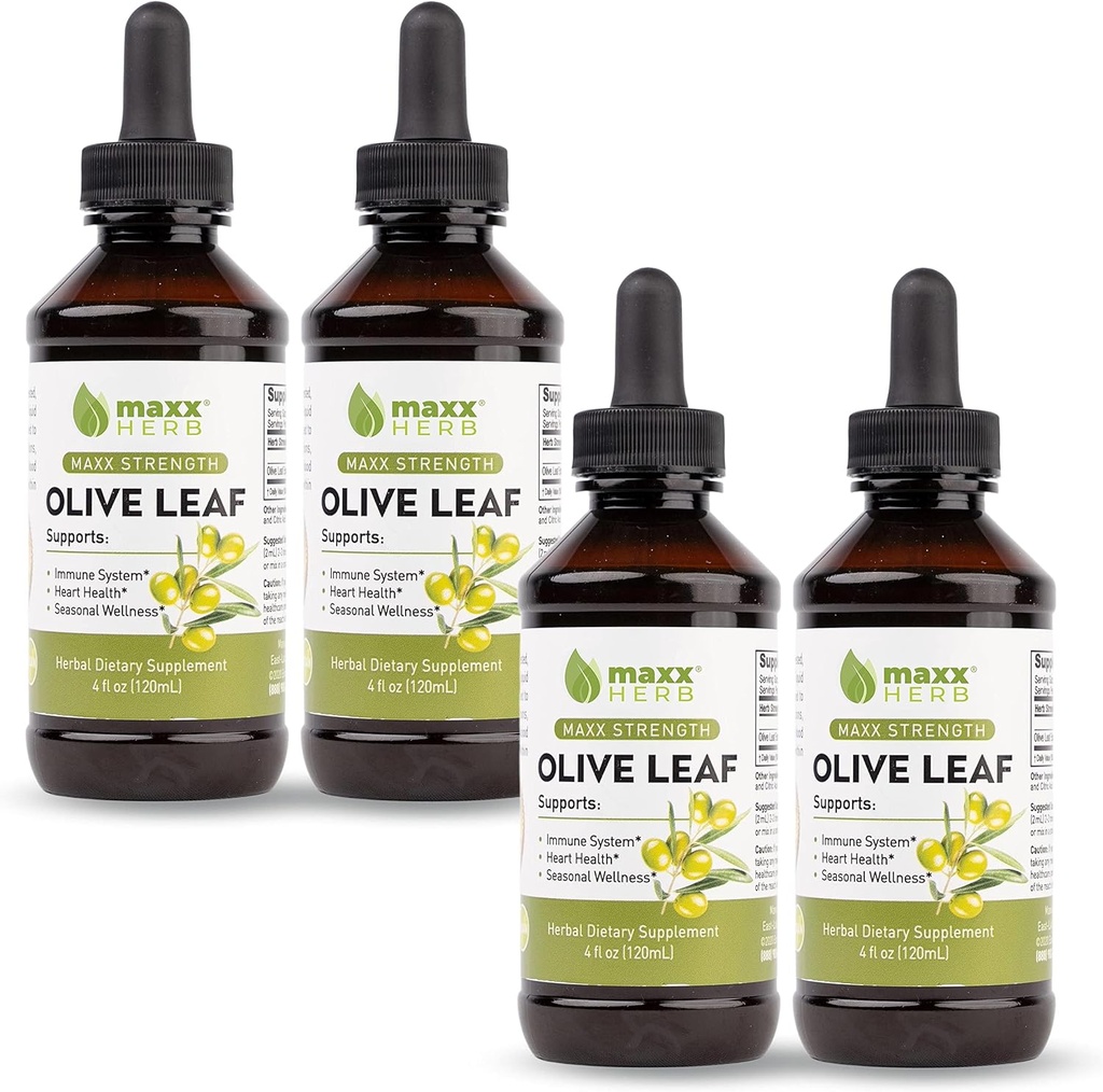 Maxx Herb Olive Leaf Extract - Max Strength Oleuropein Liquid Absorbs Bedre end kapsler eller te, til immunforsvar, Heart Health, og Sæsonlig Wellness - 4 flasker, 4 Oz Hver (240 Servere)