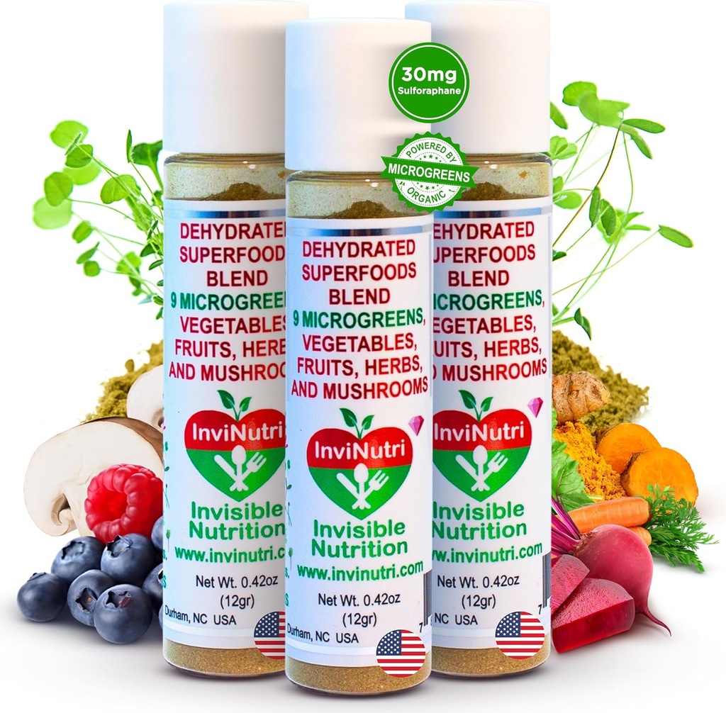 InviNutri Superfood Powder til Picky Eaters - Ikke aromatiseret, Sensory- Friendly - 40x Nutrient- Rich, 30mg Sulforaphane - Organic Microgreens, Fruits & Veggies - Blander Usynligt i de fleste måltider - 72 serv.
