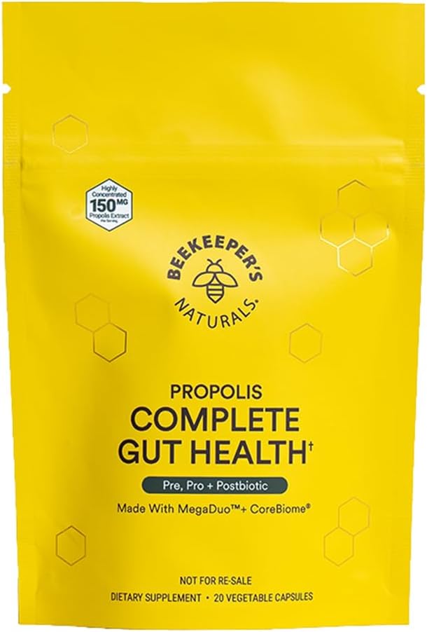 Biavlerens Naturals Complete Gut Health, 3- in-1 Prebiotic, Postbiotic, Probiotika til fordøjelsessundhed & Bloating Relief for kvinder & mænd, Propolis drevet, Gluten- Free Vegan Kapsler, 20ct