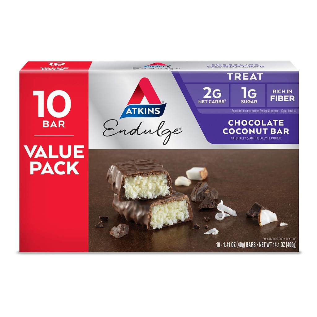 Atkins Endulge Chocolate Coconut Bar, Dessert Favorite, High in Fiber, 1g Sugar, 10 Greve