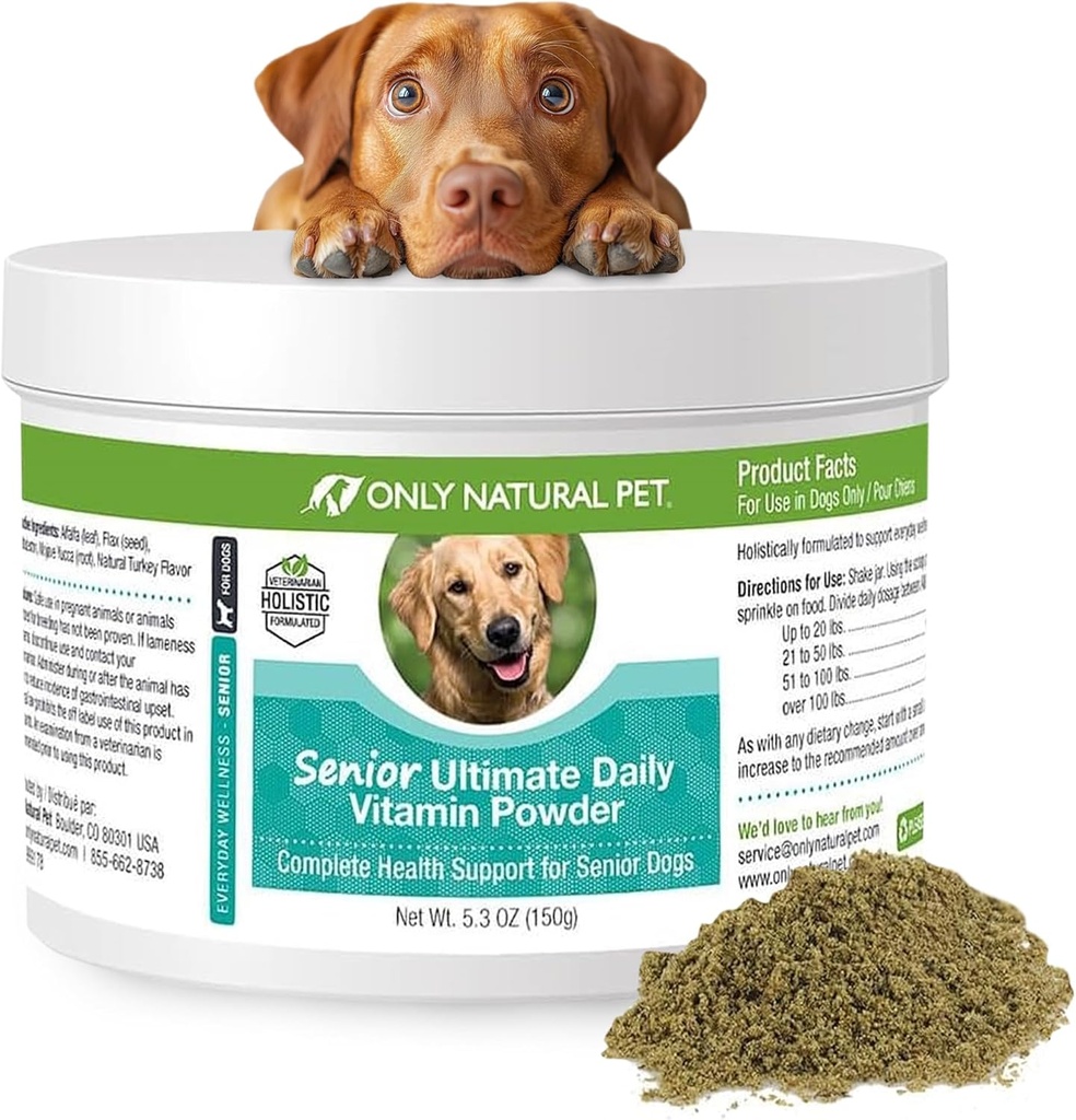 Kun Natural Pet Senior Ultimate Daily Canine Vitamin supplement til hunde Komplet Holistisk Health Support - Made in USA, 5.3 oz Tyrkiet Flavored Powder