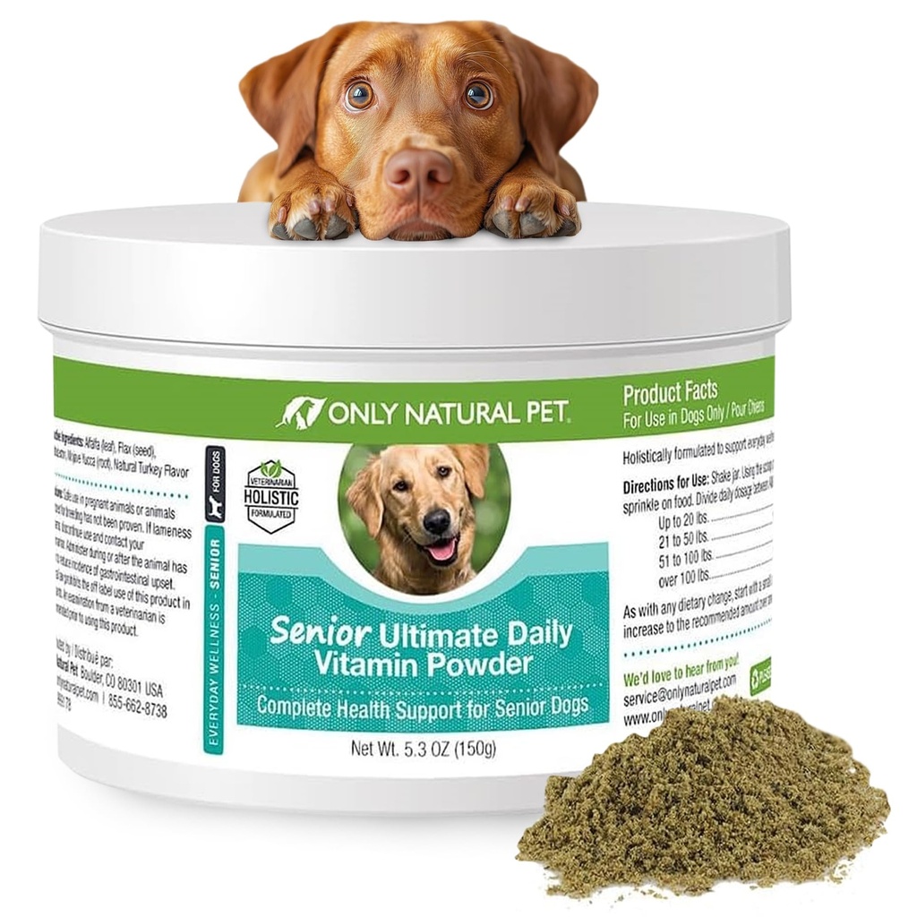 Kun Natural Pet Senior Ultimate Daily Canine Vitamin supplement til hunde Komplet Holistisk Health Support - Made in USA, 5.3 oz Tyrkiet Flavored Powder
