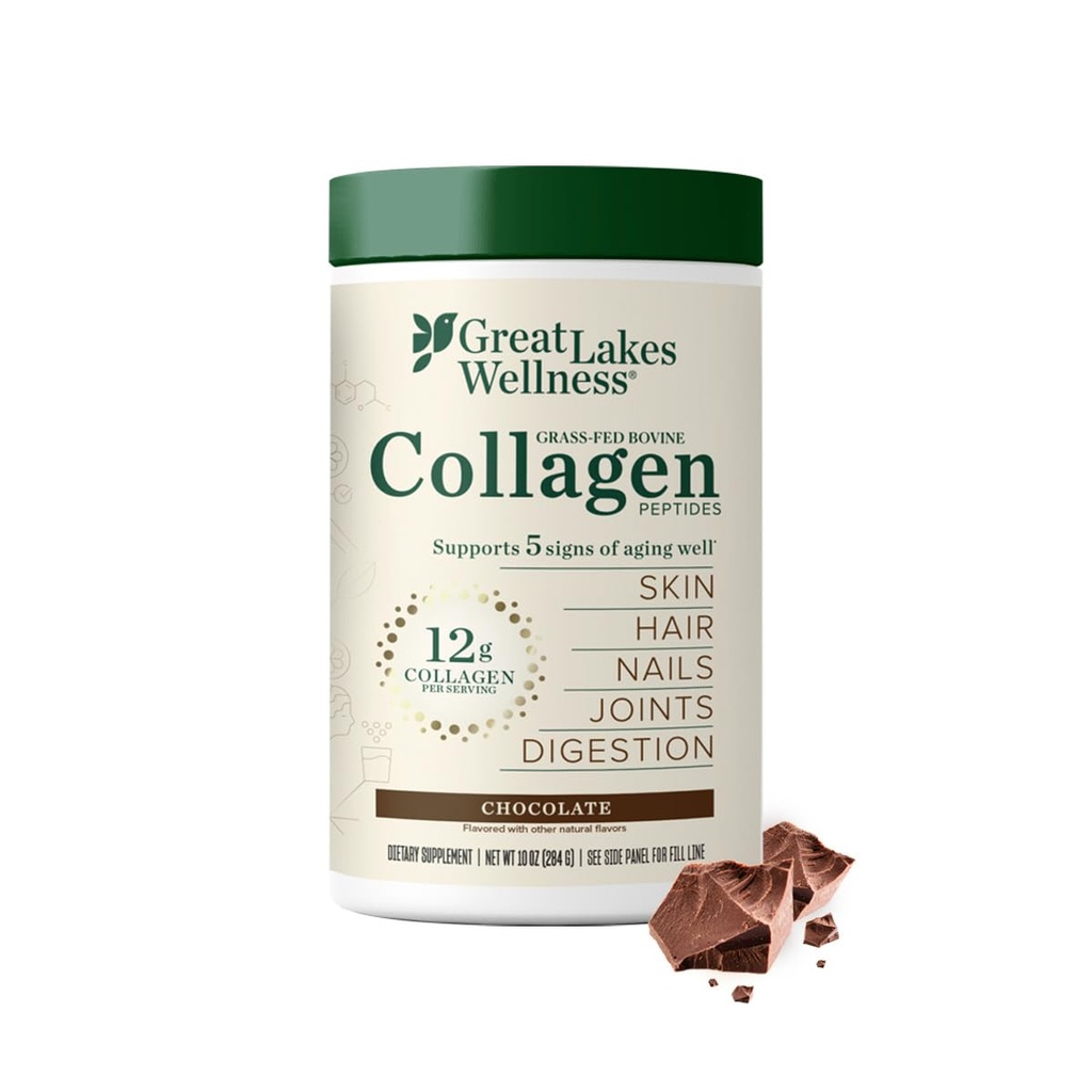 Great Lakes Wellness Collagen Peptider Pulver til hud, hår, negle, Joints & fordøjelse - Chokolade smag - Hurtig opløsning Hydrolyseret, Non- GMO, Kosher - 10 oz