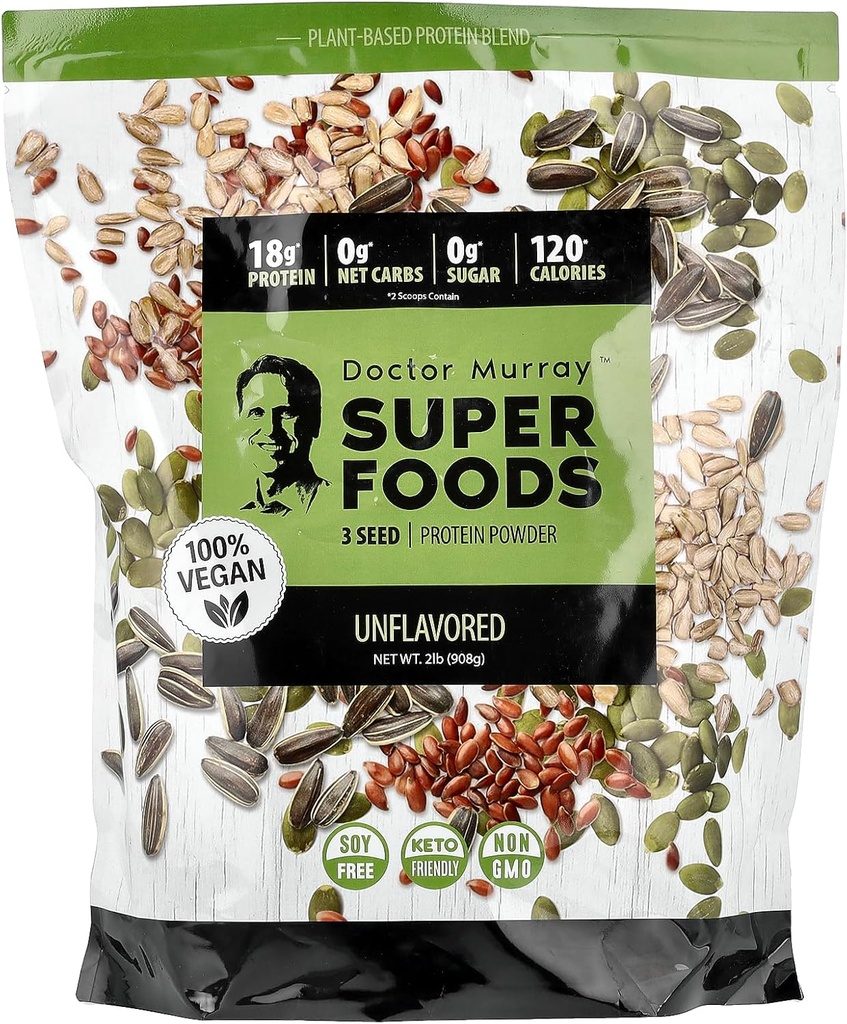 Dr. Murray 's Super Foods, 3 Seed Protein Powder, Pumpkin + Flax + Solsikke, Unflavored, 2 LB (908 g)