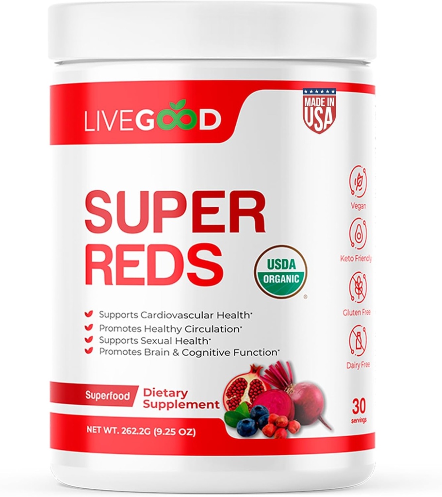 LIVEGOOD ™ Organic Super Reds med Alfalfa, Barley Grass, Beet Root, Pomegranite, Grape Seed, Vegan, Gluten Free, 9.25 Oz