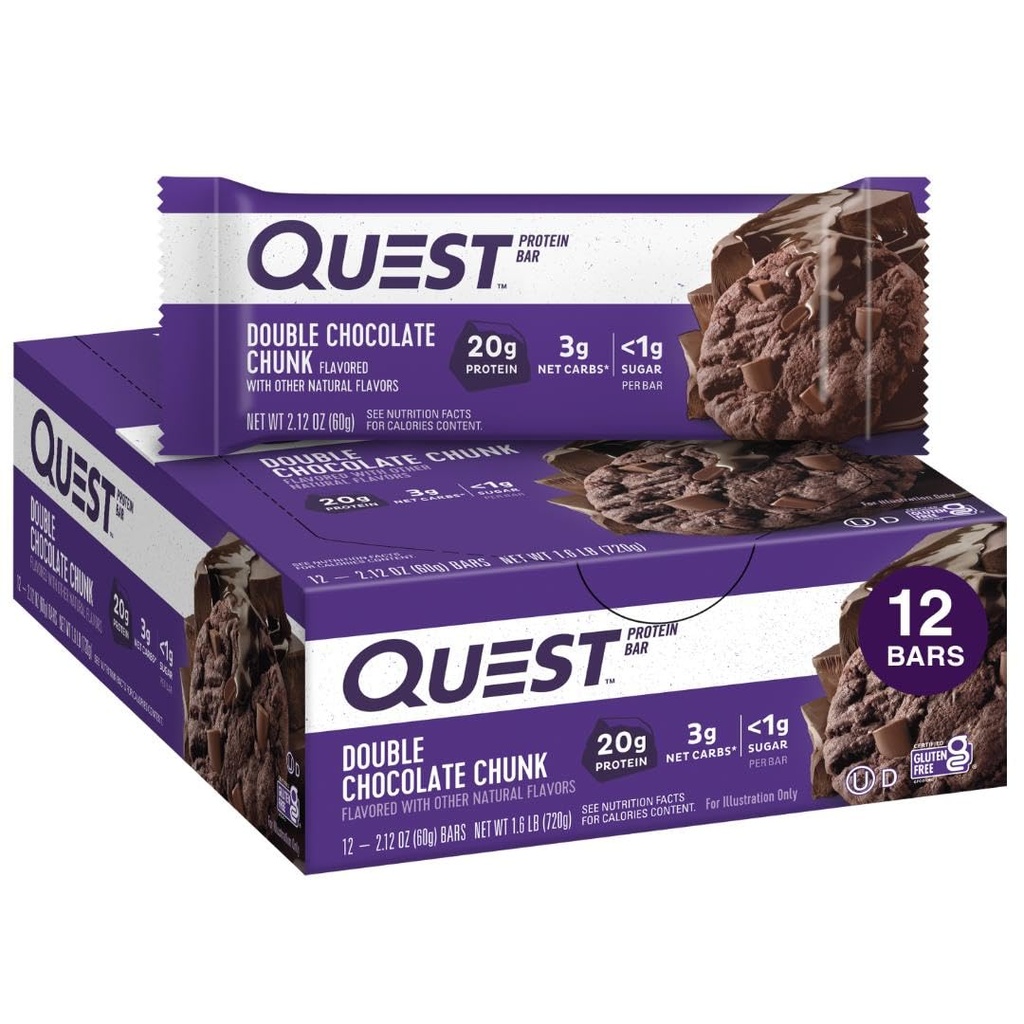 Quest Nutrition Double Chocolate Chunk Protein Bars, 20g Protein Bars, 1g Sukker, 4g Net Carb, Gluten Free, Keto Friendly, 12 Greve