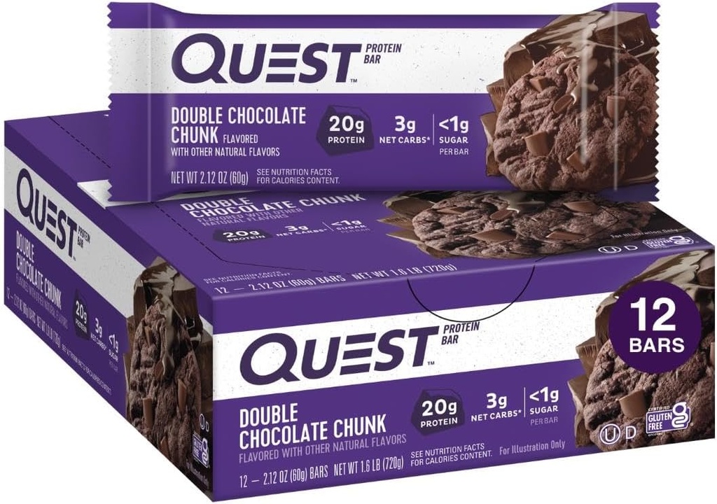 Quest Nutrition Double Chocolate Chunk Protein Bars, 20g Protein Bars, 1g Sukker, 4g Net Carb, Gluten Free, Keto Friendly, 12 Greve