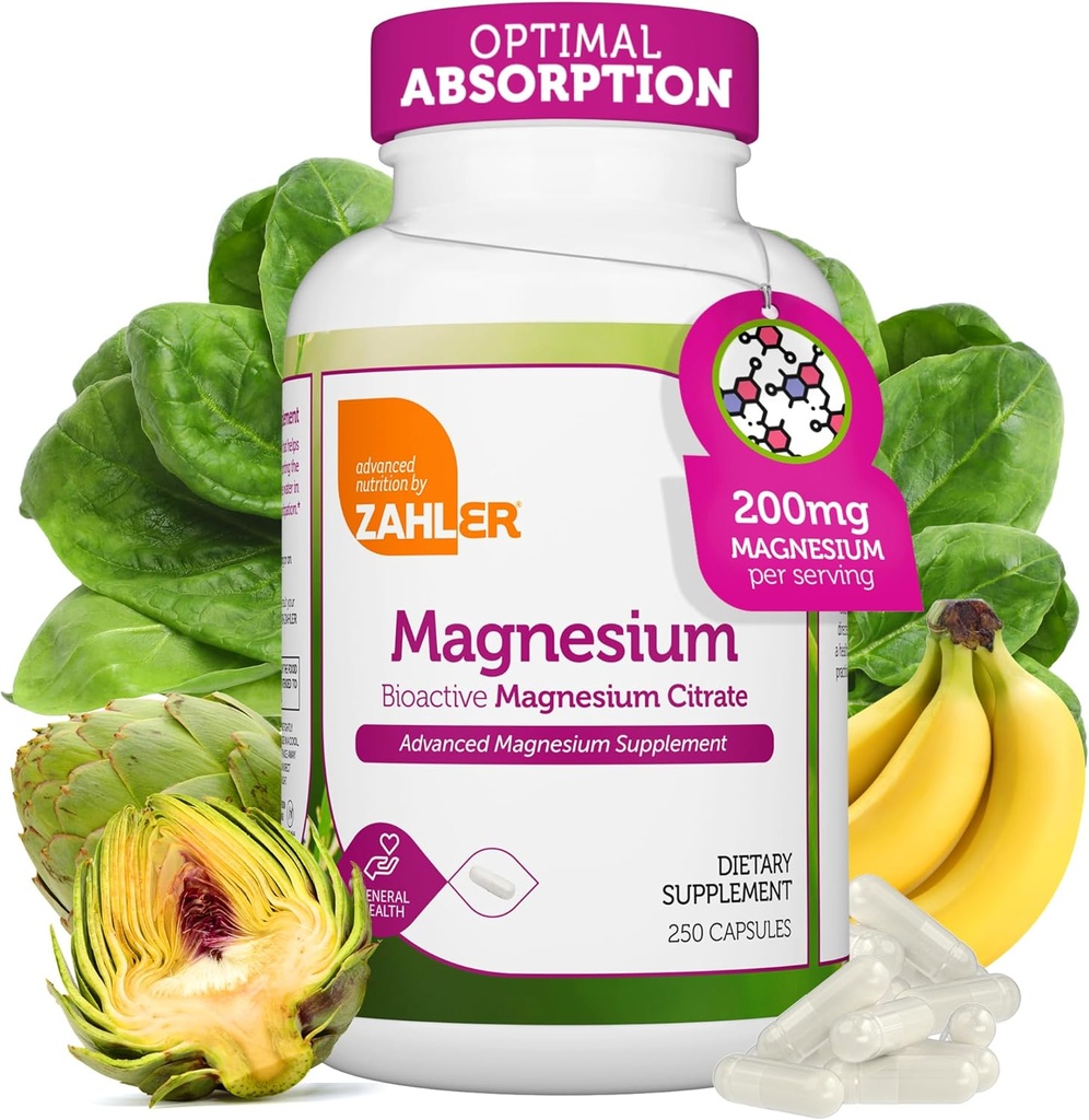 Zahler - Magnesiumtilskud Kapsler 200 mg (250 Tæl) Certificeret Kosher Bioactive Magnesium Citrate for Max Absorption - Natural Magnesium Mineral for mænd og kvinder - Bedste Magnesiumtilskud