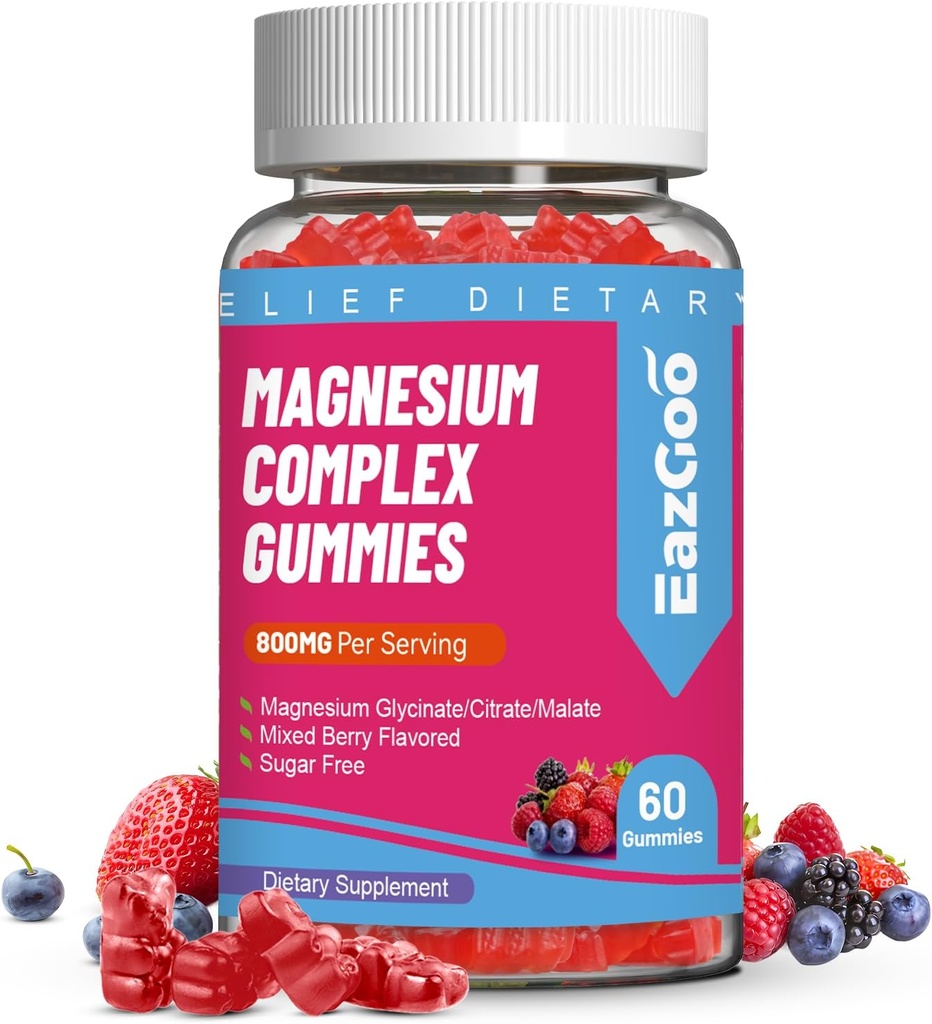 Magnesium Gummies 800mg - D3- vitamin, C, B6, B12 & Zinkkompleks med Magnesium Glycinat, Citrate & Malate, Magnesium Complex Gummies for Muscle, Mood & Energy, Vegan 60 Counts