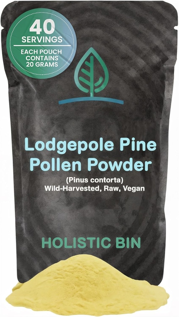 Holistisk Bin Organic Pine Pollen Powder Pharmaceutical Grade, Wild Hartered, Golden Canadian Pine Pollen Note 124; Non GMO, Ingen tilsætningsstoffer
