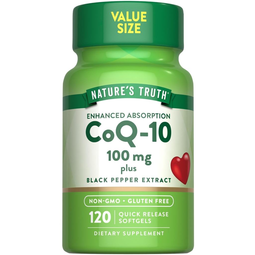 Nature 's Truth CoQ10 100mg against 124; 120 Softgels area 124; High Absorption area 124; Non- GMO & Gluten Free Coenzym Supplement area 124; med sort peber ekstrakt