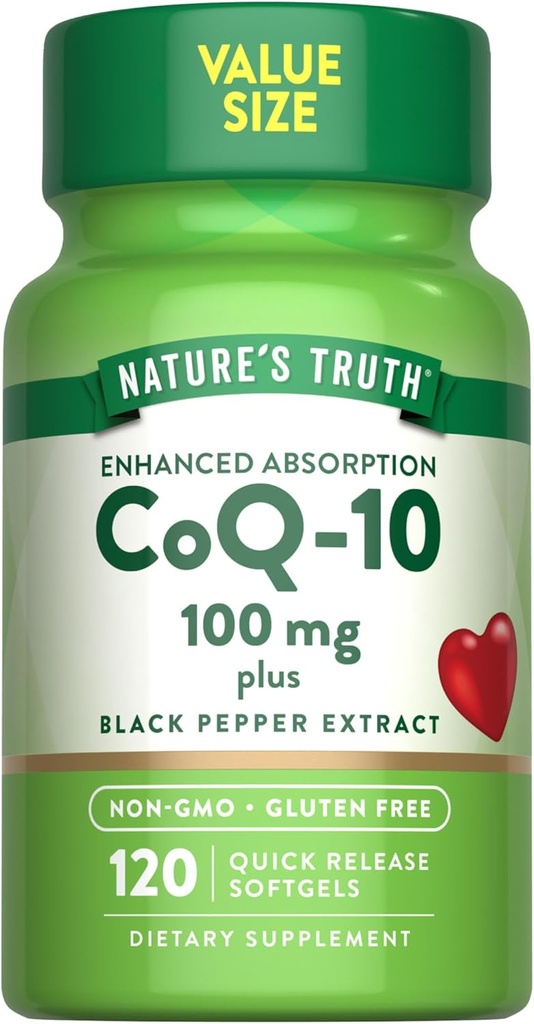 Nature 's Truth CoQ10 100mg against 124; 120 Softgels area 124; High Absorption area 124; Non- GMO & Gluten Free Coenzym Supplement area 124; med sort peber ekstrakt
