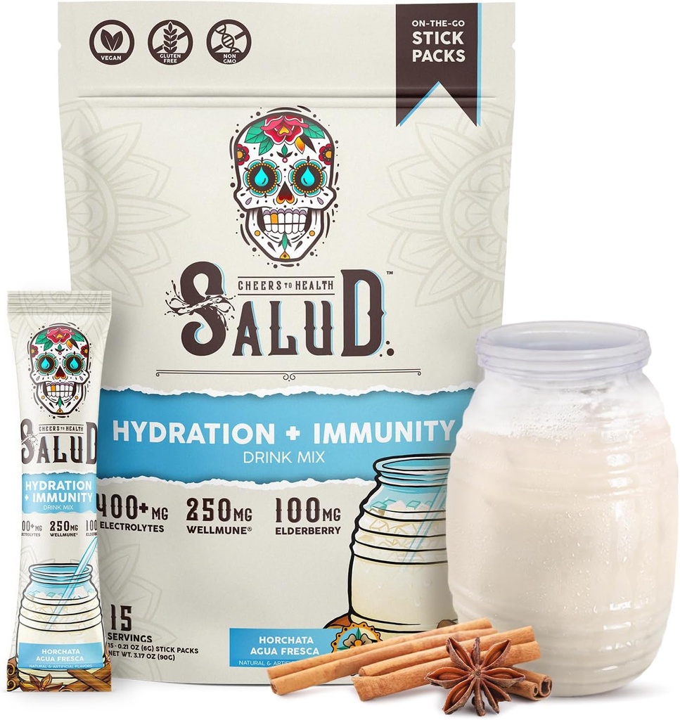 Salud 2- in-1 Hydration Pakninger + Immunity Electrolytes Powder, Horchata - Agua Fresca Drink Mix, Elderberry, Dairy & Soy Free, Non- GMO, Gluten Free, Vegan, Low Calorie, 1g sukker (15 Servere)