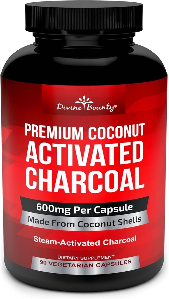 Divine Bounty Organic aktiveret kul kapsler - 600 mg kokos kul piller - 90 Veggie Caps