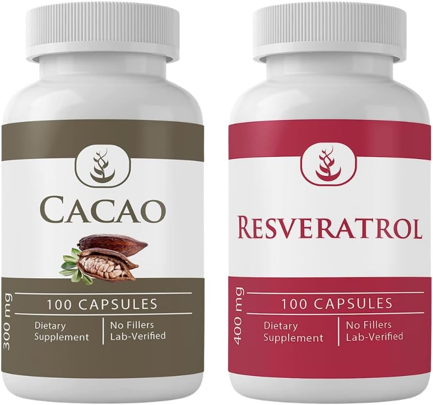 PURE ORIGINALSKE INGREDIENSER Cacao & Resveratrol Capsule Bundle (100 kapsler Hver), Ingen tilsætningsstoffer eller Fillers, Lab Verified