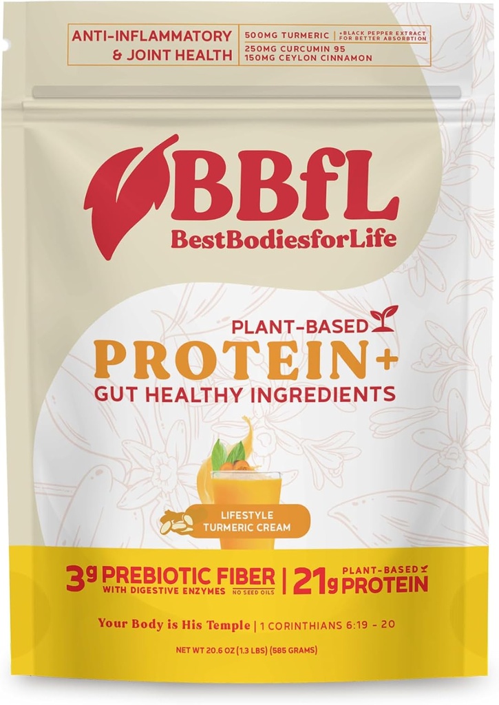 BBfL Plantbaseret protein Shake - 21g Vegan Protein, Gurkemeje + Curcumin 95 + Ceylon Kanel, Prebiotika, fordøjelsesfremmende enzymer, Understøtter Inflammatorisk respons - All- in- One Shake (15 Servere, gurkemeje)