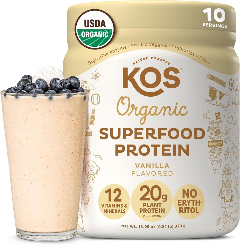 KOS Plant Based Protein Powder, Vanilla USDA Organic - Low Carb Pea Protein Blend, Vegan Superfood Rich in Vitamin & Minerals - Keto, Soy, Dairy Free - Måltidserstatning for kvinder & mænd - 10 Servering