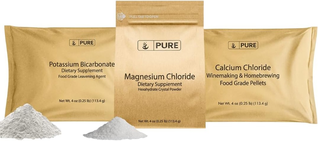 Pure Original Ingredienser Kalium Bicarbonat, Magnesium Chlorid, og Calcium Chlorid Bundle, 4 oz Hver, Fødevaresikkert