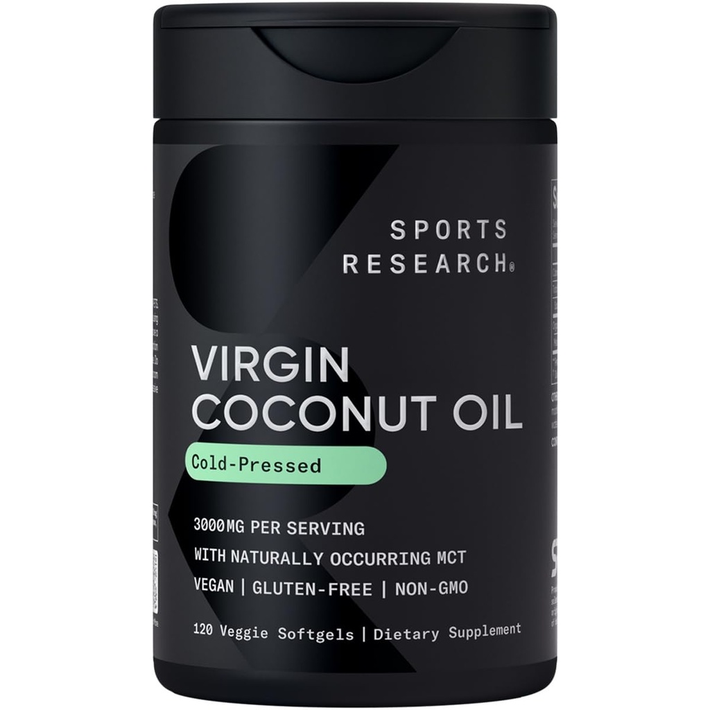 Sport Research ® Organic Coconut Oil Capsules 3000MG - Cold Pressed Extra Virgin Coconut Oil with Medium Chain Triglycerider (MCTs) - Vegan Friendly & Non- GMO Verified - 120 Softgels