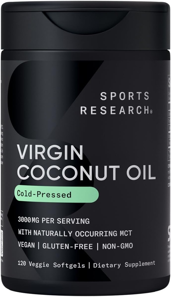 Sport Research ® Organic Coconut Oil Capsules 3000MG - Cold Pressed Extra Virgin Coconut Oil with Medium Chain Triglycerider (MCTs) - Vegan Friendly & Non- GMO Verified - 120 Softgels