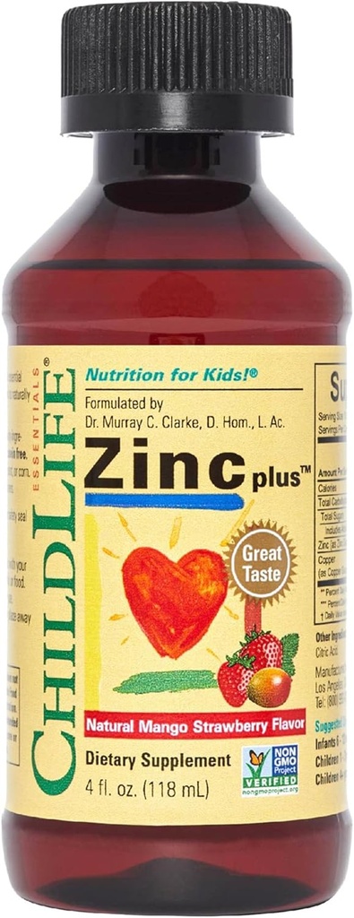 BEDLIFE ESSENTIALS Liquid Zink Plus for Kids & Toddler - Liquid Supplement Drops, Zink Gluconate & Copper til immunforsvar - Mango Strawberry, 4 Fl Oz (pakke med 1)