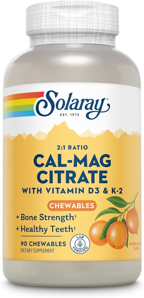 Solaray Cal-Mag Citrate Plus D-3 & K-2 Orange Chewables | 90 Count