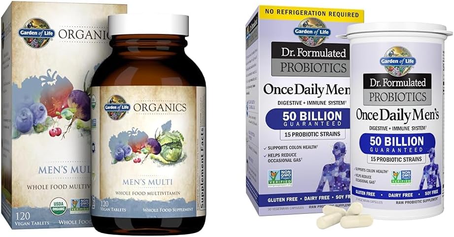 Garden of Life Men's Organic Whole Food Multivitamin and Probiotics Digestive & Immune Health Supplement 120 Tablets 30 Capsules