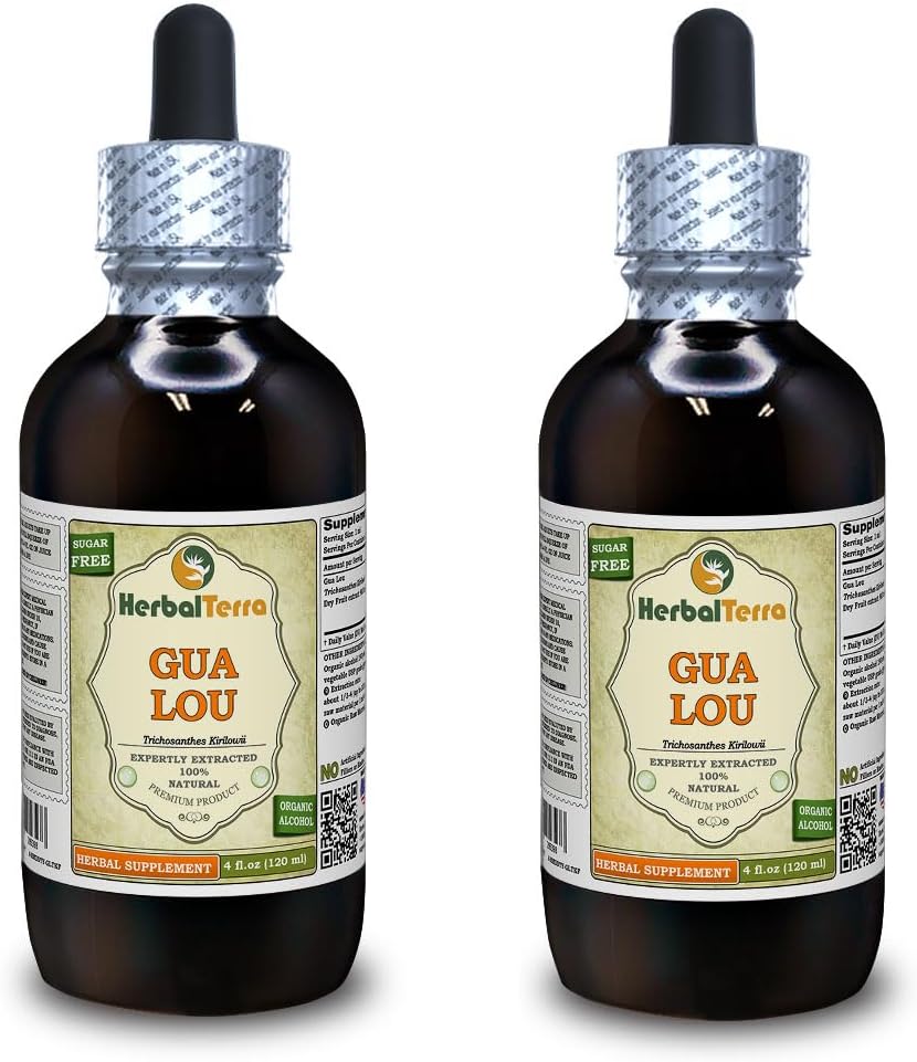Gua Lou, Trichosanthes (Trichosanthes Kirilowii) Tinktur, Tørret frugtvæske ekstrakt (Brand Name: HerbalTerra, Stolt Made in USA) 2x4 fl.oz (2x120 ml)